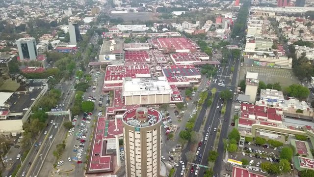 Aerial traveling in over Plaza del Sol Mall, in Zapopan