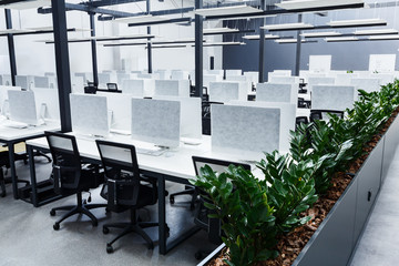 Fototapeta na wymiar Co-working interior with wrapped computers, no people, quarantine