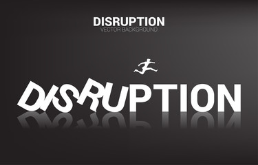 Silhouette of businessman jump away from collapse domino. business concept of business disruption and domino effect