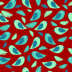 seamless pattern of blue birds and feathers on a red background