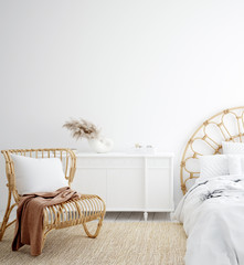 White cozy coastal bedroom interior, 3d render