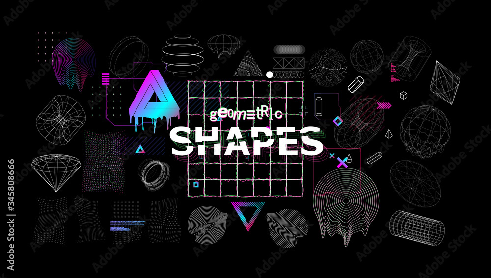 Poster universal modern shapes with glitch effects. trendy cyberpunk retro futurism set, vaporwave. digital