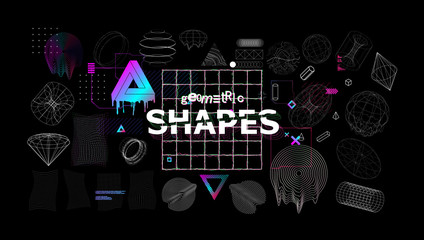 Universal modern shapes with glitch effects. Trendy cyberpunk retro futurism set, vaporwave. Digital abstract elements for web design, banners, posters and covers. Futuristic memphis. Vector  - obrazy, fototapety, plakaty