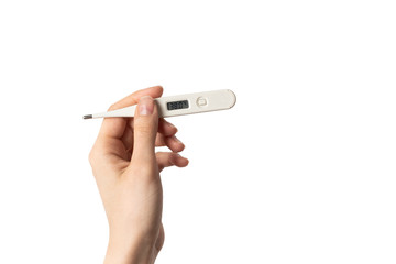 woman hand holding thermometer on white background. isolated.