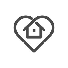 Stay at home symbol. House and heart combined vector icon. Line art pictogram.