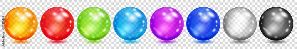 Wall mural set of translucent colored spheres with glares and shadows on transparent background. transparency o