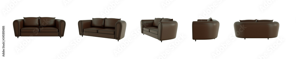 Fototapete 3d rendering set of an isolated dark leather modern sofa from different sides on light white backgro