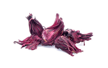 Dried Roselle flower buds isolated on white background. In Traditional Chinese Medicine, roselle flower buds are plants that belong to the 'Herbs that relieve coughing and wheezing' category. Rosella