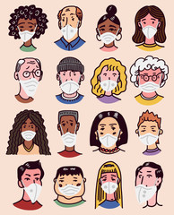 Diverse faces of people set. Human Avatars in surgical masks for Safety. Mens and women, grandparents and girls Collection. Hand drawn doodle sketch. Prevention of Flu and Disease. 