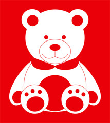 White and red teddy bear sitting in a red background