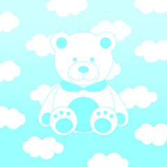 White and blue teddy bear sitting in a dayttime gradient sky with clouds