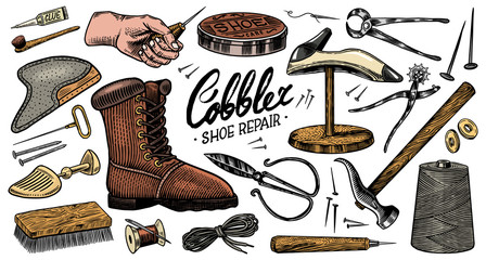 Cobbler set. Professional equipments for Shoe repair. Shoemaker or bootmaker. Cream Hammer Awl Brush Thread Glue Shoe and Calligraphic lettering. Hand drawn engraved old sketch for label or poster. 