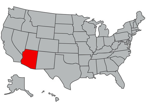 United States of America map. Highlighted in red state Arizona. Vector illustration in gray with USA silhouette. The image of the contours of the US. Poster for articles, web, school, geography, study