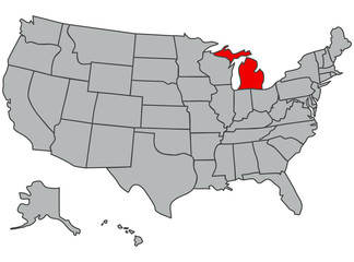 Vector map of the United States of America. State Michigan illustration in gray color. Highlighted in red territory of the US. Contours of the USA. Web, study, articles, economy, geography, demography