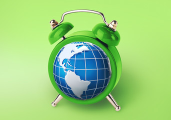 World time concept. Alarm clock with planet Earth in place of hourplate on green background, collage