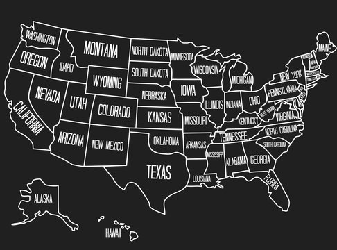 Vector illustration of a geographic map of the United States of America. Vintage style image with the USA state names. US state contour on a black background.