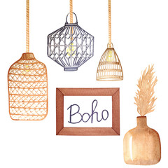 Watercolor illustration with decor elements in boho style on a white background. Pendant wicker lamps, pampas grass in a dark vase and framed boho inscription.
