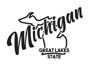 Vector image of Michigan. Lettering nickname Great Lakes State. United States of America outline silhouette. Hand-drawn map of US territory. Illustration for the USA poster, banner, print, decor, card