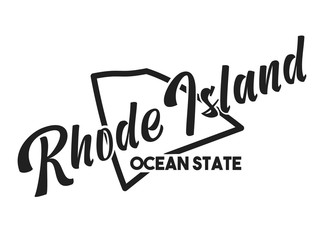 Rhode Island vector silhouette. Nickname inscription Ocean State. Image for US poster, banner, print, decor, United States of America card. Hand-drawn illustration map of the USA territory
