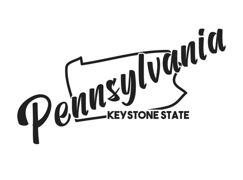 Pennsylvania vector silhouette. Nickname inscription Keystone State. Image for US poster, banner, print, decor, United States of America card. Hand-drawn illustration map of the USA territory
