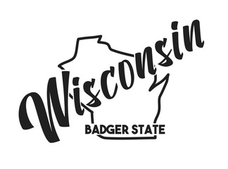 Vector silhouette of Wisconsin. Nickname inscription Badger State. Hand-drawn illustration map of the USA territory. Image for US poster, banner, print, United States of America card, t-shirt