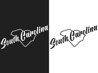 South Carolina vector logo poster. Illustration of the USA emblema. The US state contour on the black and white background. Lettering and outline of the territory of the United States of America