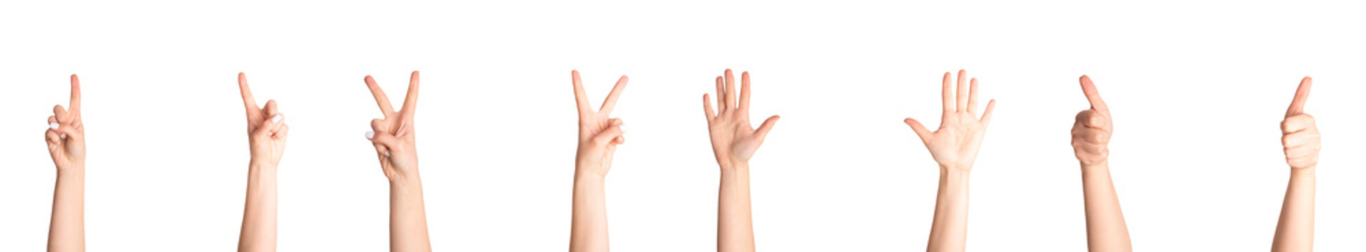 Set of female hands showing various gestures on white background, banner design. Collage