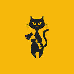cat and ax negative space style logo design vector illustration