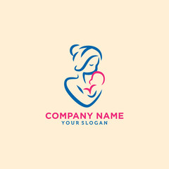 Mother holding Child baby Heart shape Logo design vector template. Medicine Clinic Care Charity Fund concept icon.