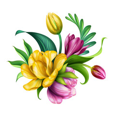 Obraz na płótnie Canvas digital illustration, botanical arrangement design, pink and yellow tropical flowers and green leaves, colorful bouquet, floral clip art isolated on white background