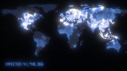 World map of the coronavirus COVID-19 pandemic. Virus is spreading from china across the world. Dark mainlands with blue infected cities with statistics data. 3d rendering concept background in 4K.