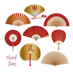 Hand fan. Chinese and Japanese paper folding fan vector. Traditional oriental red and gold hand fan collection on white background. Chinese souvenir with asian decoration vector isolated