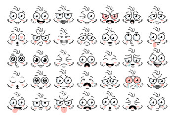 Cartoon face eye. Funny face parts with expressions emotion character. Comic doodle smile face, angry, sad, cute and smiley eye emoji. Cartoon faces expressions set isolated on white background.
