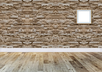 bright empty interior design, stone wall. 3D illustration