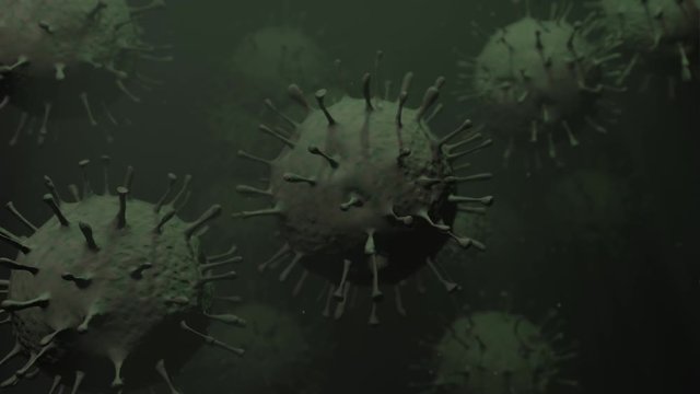 A 3-D animation of Coronavirus (COVID-19) floating in deep green background.