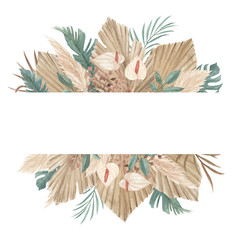 Pampas grass, dried palm leaves and tropical jungle floral banner template
