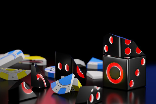 Fragments from the breaking of dice and casino chips stack on a black background in the dark. The concept for business betting failures and The loser of the gambler. 3D illustrator rendering.