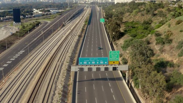 Empty Ayalon Freeway in Tel Aviv due to Coronavirus lockdown, Israel, aerial still shot