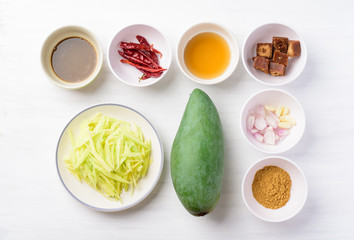 Thai food ingredients, spicy green mango salad (Tum Ma Muang), Top view