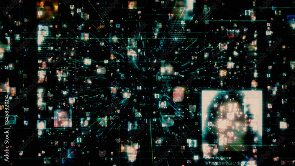 Poster artificial intelligence concept of a social network with a stream of unrecognizable people connectin