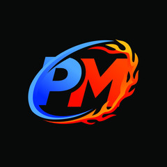 Initial Letters PM Fire Logo Design