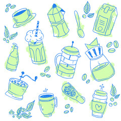 Coffee drink hand drawn collection. Bakery food, sweets and cakes with natural coffee beans and iced coffee drinks. Vintage style craft menu design. Illustration on white background.