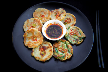 Potato with garlic chives pancake which is called gamjajeon in Korea