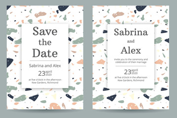 Wedding invitation with terrazzo pattern. Set with invitation and Save the date card on peach and green terrazzo background. Wedding set.