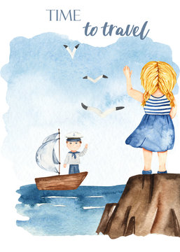 Watercolor card with boy sailor in the sea and girl on the seashore