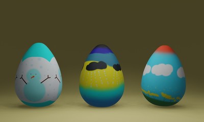 Three season eggs, drawing on the egg model. 3d rendering
