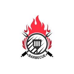 Grilled barbecue logo, retro BBQ vector, fire grill food and restaurant icon, 