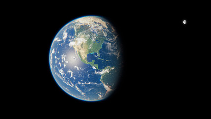 North America from Space during Day - Canada, United States of America and Mexico - Planet Earth and Moon - The Blue Marble - 3D Illustration