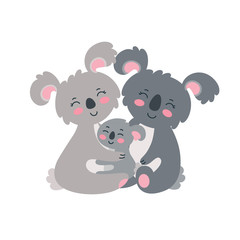 Koala family set. Happy parents hugging their child. Vector illustration in cute flat style