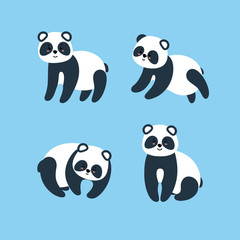 Set of awesome pandas. Vector illustration in flat style on blue background